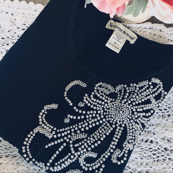 SEVENTH AVENUE BLACK KNIT CARDIGAN SWEATER WITH PEARL DESIGN - Picture 6 of 10